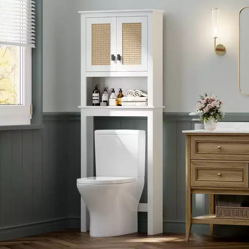Rattan Over The Toilet Storage Cabinet, Freestanding Wood Bathroom Organizer Shelf with Adjustable Shelves, Tall Space Saver Rack Behind Toilet