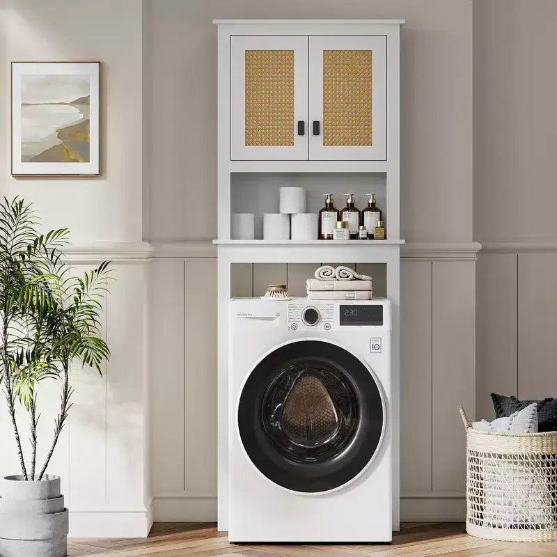 Meuble de rangement en rotin pour toilettes, étagère de salle de bain en bois sur pied avec étagères réglables, étagère haute peu encombrante derrière les toilettes