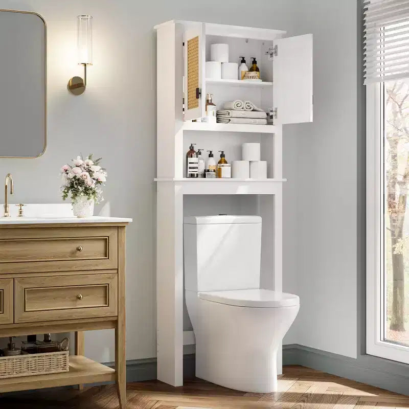 Meuble de rangement en rotin pour toilettes, étagère de salle de bain en bois sur pied avec étagères réglables, étagère haute peu encombrante derrière les toilettes