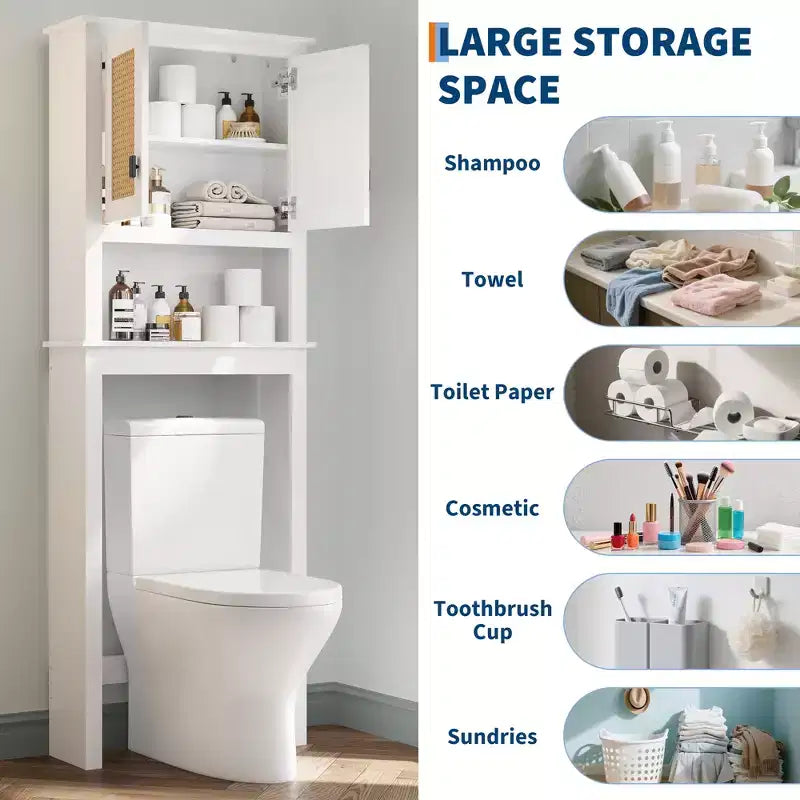 Meuble de rangement en rotin pour toilettes, étagère de salle de bain en bois sur pied avec étagères réglables, étagère haute peu encombrante derrière les toilettes