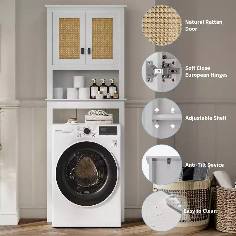Meuble de rangement en rotin pour toilettes, étagère de salle de bain en bois sur pied avec étagères réglables, étagère haute peu encombrante derrière les toilettes