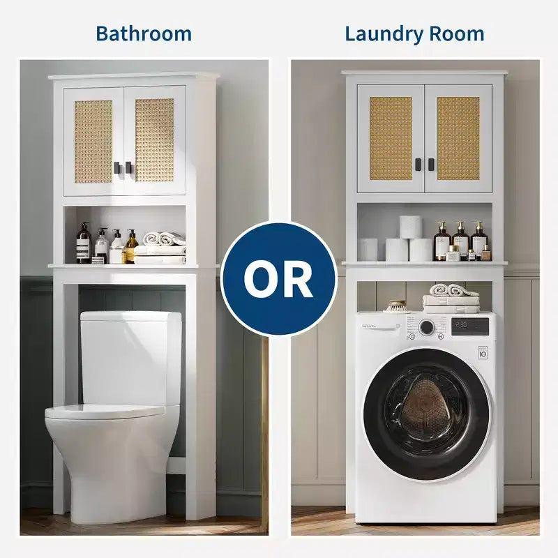 Meuble de rangement en rotin pour toilettes, étagère de salle de bain en bois sur pied avec étagères réglables, étagère haute peu encombrante derrière les toilettes
