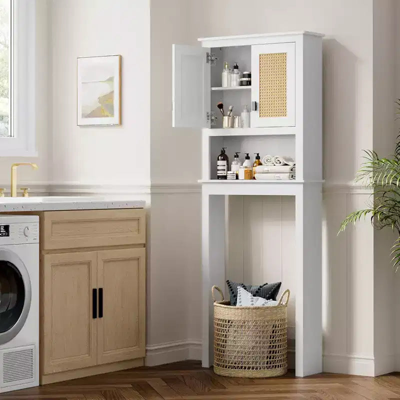 Meuble de rangement en rotin pour toilettes, étagère de salle de bain en bois sur pied avec étagères réglables, étagère haute peu encombrante derrière les toilettes