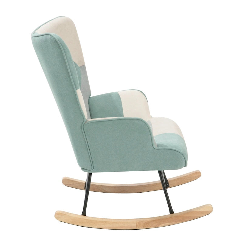 Mid Century Fabric Rocker Chair with Wood Legs and Patchwork Linen