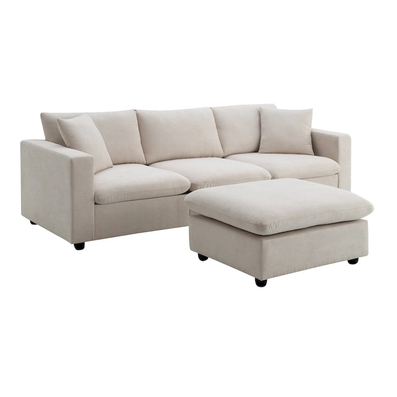 L-shaped Polyester Fabric Couch Set with 2 Free Pillows and Convertible Ottoman