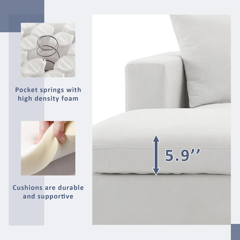 L-shaped Polyester Fabric Couch Set with 2 Free Pillows and Convertible Ottoman
