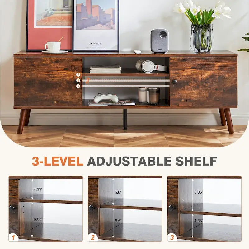 Can accommodate 60 TV, living room/bedroom TV media console, adjustable shelves, 2 storage cabinets, brown