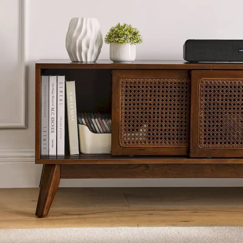59 TV Stand with Open Shelves & Rattan Doors for 65 TVs