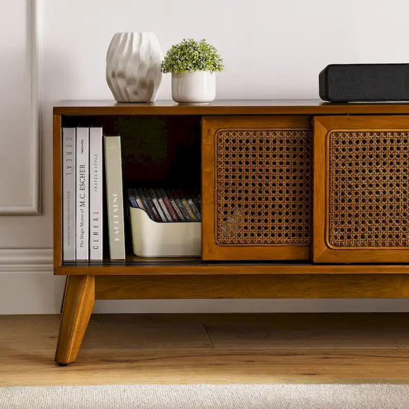 59 TV Stand with Open Shelves & Rattan Doors for 65 TVs