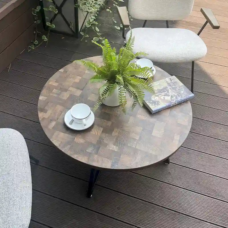 Round Coffee Table Wood Grain and Black Metal