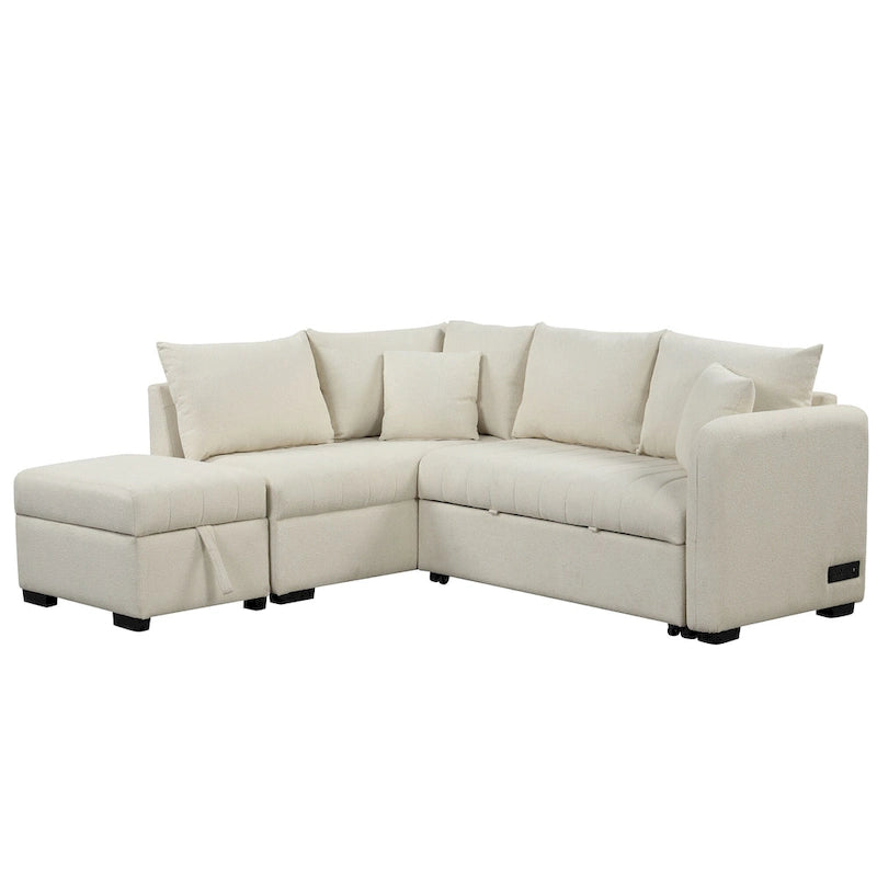 L-shaped Sectional Pull Out Sofa Bed Sleeper Sofa with Two USB Ports, Two Power Sockets