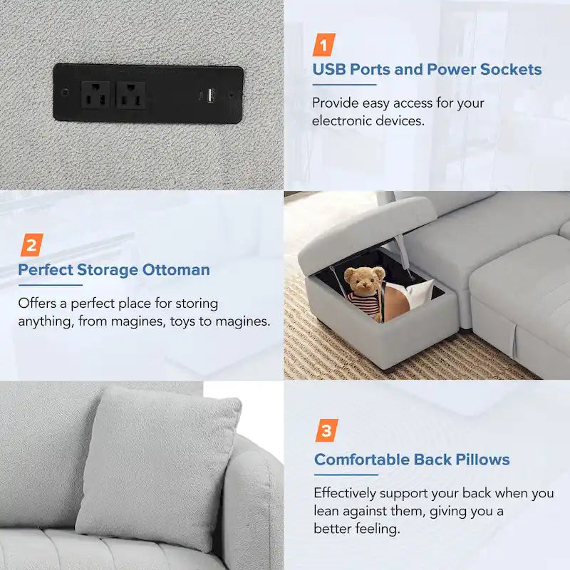 L-shaped Sectional Pull Out Sofa Bed Sleeper Sofa with Two USB Ports, Two Power Sockets