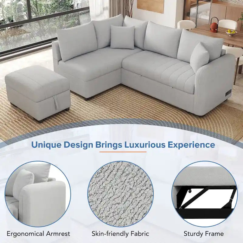 L-shaped Sectional Pull Out Sofa Bed Sleeper Sofa with Two USB Ports, Two Power Sockets