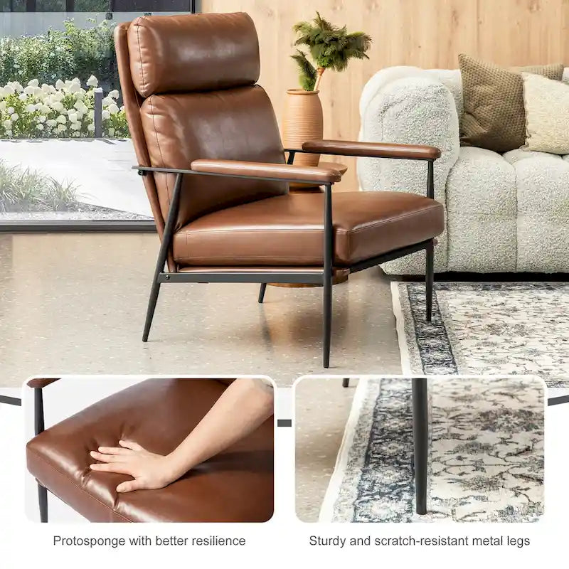Glitzhome 33.75W Mid-Century Modern Leatherette Armchair With High Back and Padded Arms - 33.75 W x 39.5 H x 28 D