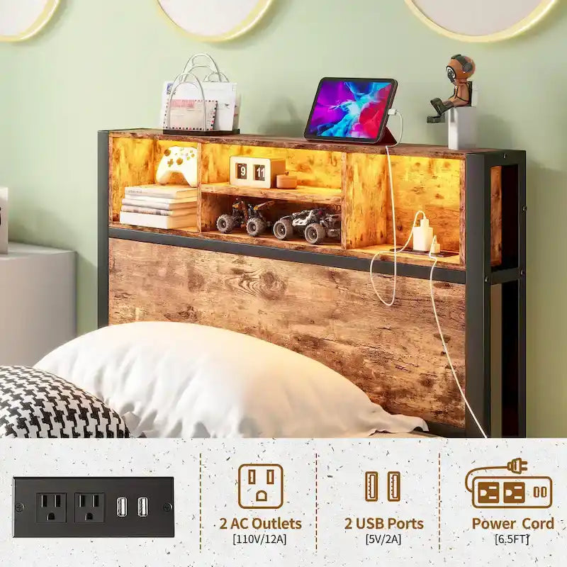 Twin Size Bed Frame with Storage Headboard, Metal Platform Bed with Charging Station, Bookcase Storage, No Box Spring Needed