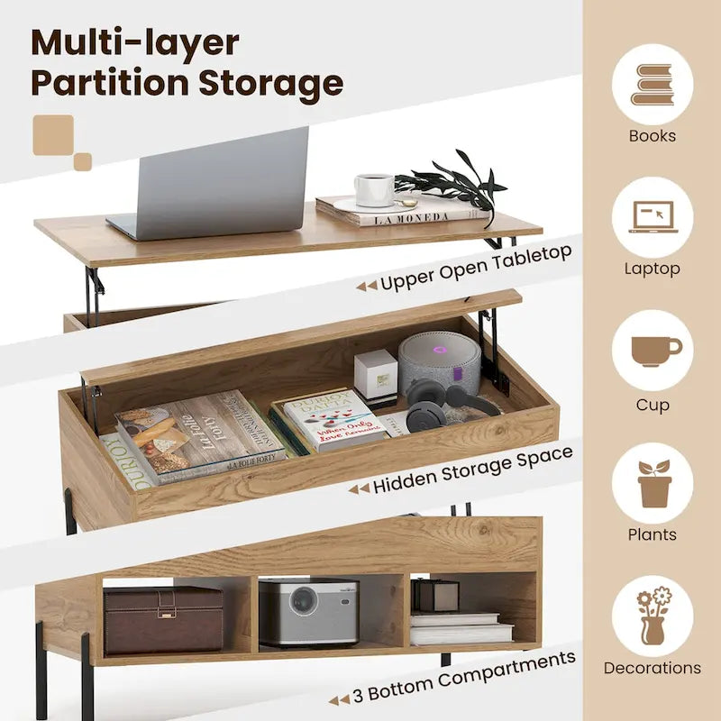 Costway Lift Top Coffee Table with Storage Compartment & 3 Open - See Details
