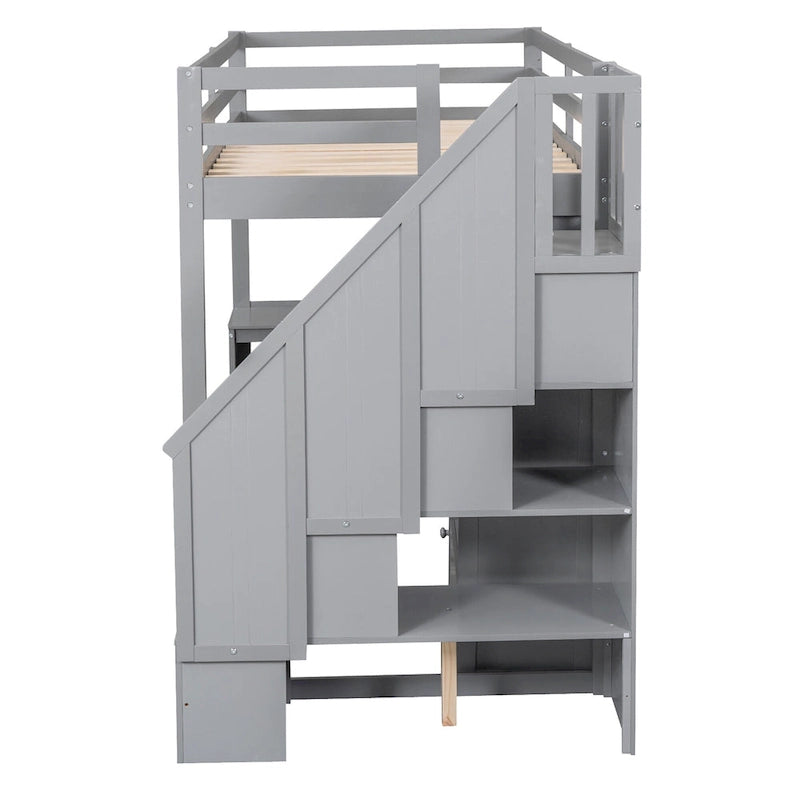 Twin Size Loft Bed w/L-Shaped Desk,Drawers,Cabinet,Storage Staircase