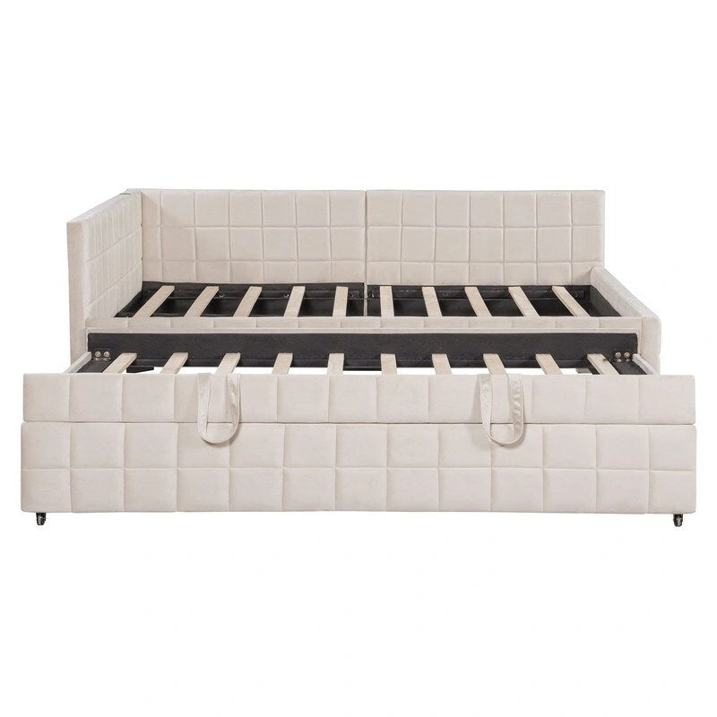 Full Size Upholstered Daybed with Twin Size Pop Up Trundle and USB Ports, Modern Daybed Frame Sofa Bed with L-Shaped Backrest