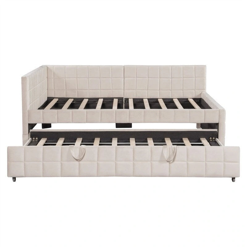 Full Size Upholstered Daybed with Twin Size Pop Up Trundle and USB Ports, Modern Daybed Frame Sofa Bed with L-Shaped Backrest