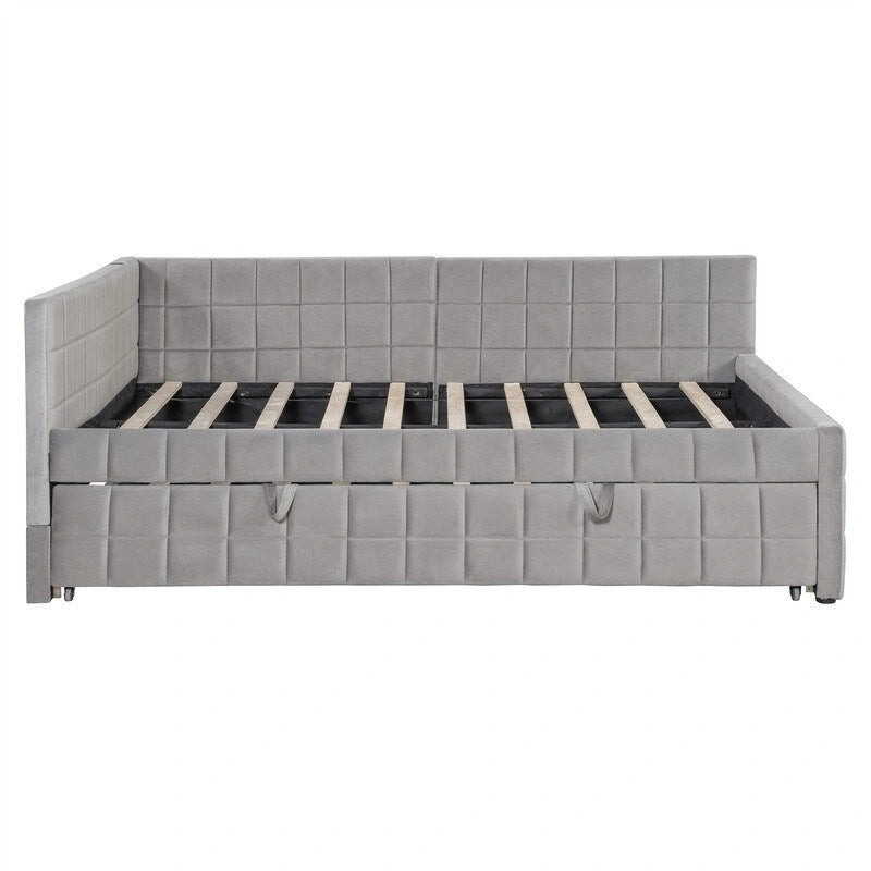 Full Size Upholstered Daybed with Twin Size Pop Up Trundle and USB Ports, Modern Daybed Frame Sofa Bed with L-Shaped Backrest
