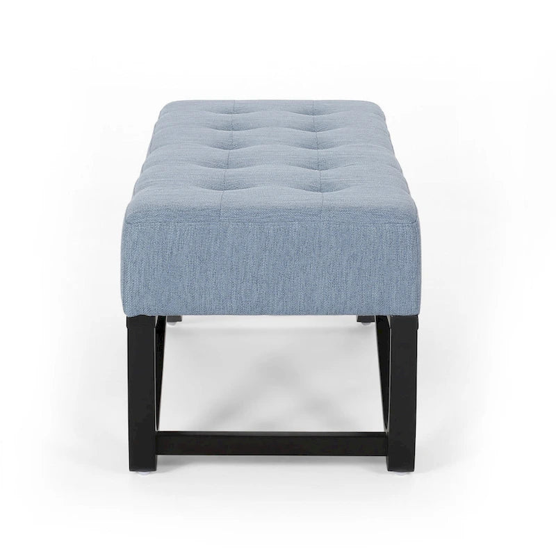 Liba Ottoman Bench, Button Tufted Light Blue Fabric, Black, 47 Inch