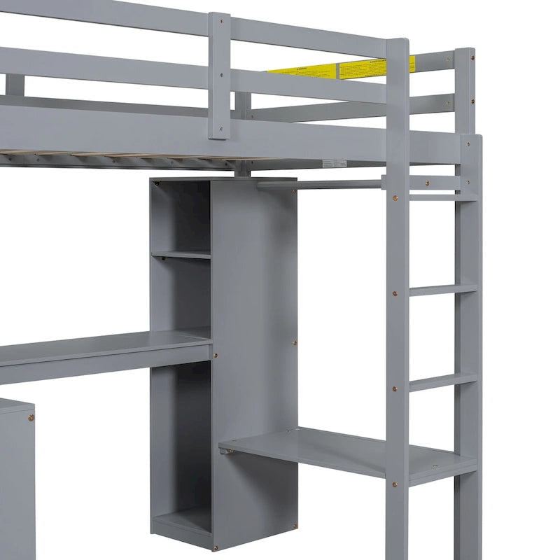 Twin Size Loft Bed Frame with L Shaped Desk, Wardrobe and Shelves