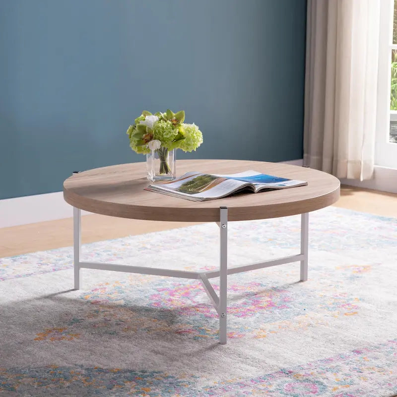 36.5 Modern Round Coffee Table with Wooden Top and Sleek Stainless-Steel Base for Living Room - 36.5L x 36.5W x 16.5H