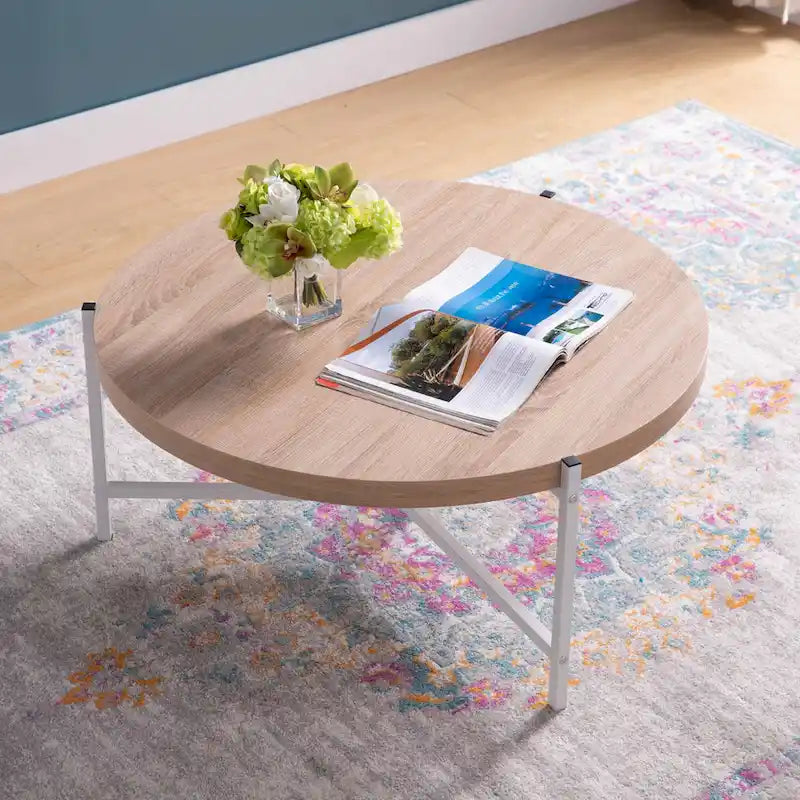 36.5 Modern Round Coffee Table with Wooden Top and Sleek Stainless-Steel Base for Living Room - 36.5L x 36.5W x 16.5H