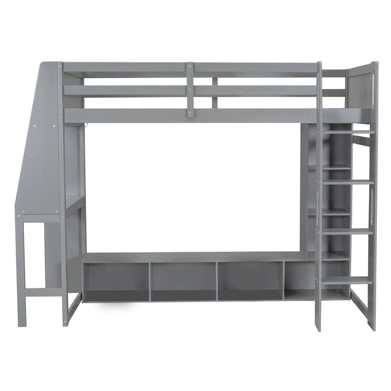 Twin Size Loft Bed Mulfunctional Wood Loft Bed w/Desk, Multi-storage Shelves, LED and Hanging Clothes Rack, No Box Spring Needed
