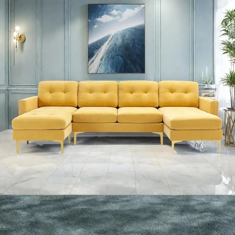 110.6 Velvet L-Shaped Sectional Sofa with Movable Ottoman and Storage Pockets