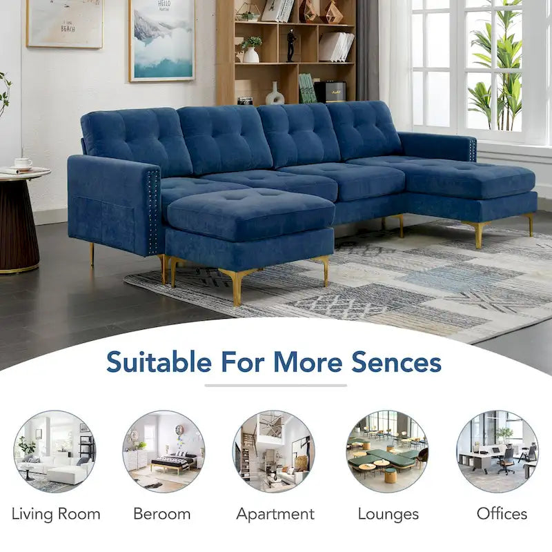 110.6 Velvet L-Shaped Sectional Sofa with Movable Ottoman and Storage Pockets