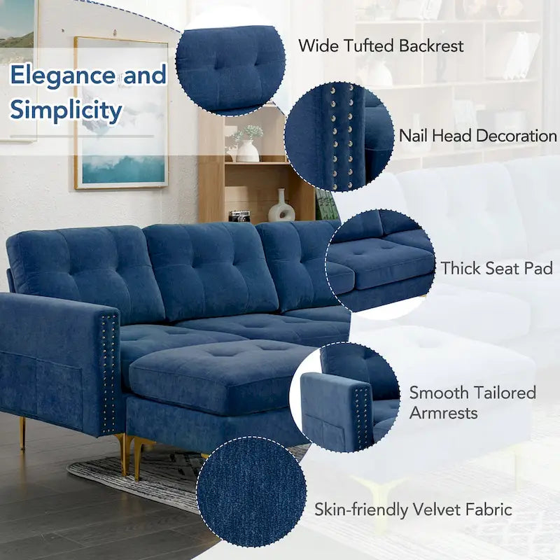 110.6 Velvet L-Shaped Sectional Sofa with Movable Ottoman and Storage Pockets