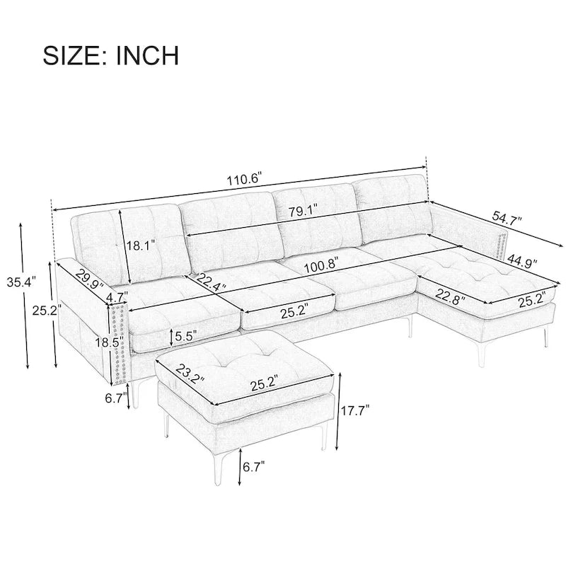 110.6 Velvet L-Shaped Sectional Sofa with Movable Ottoman and Storage Pockets