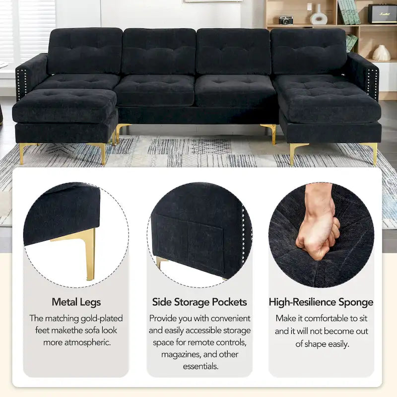 110.6 Velvet L-Shaped Sectional Sofa with Movable Ottoman and Storage Pockets