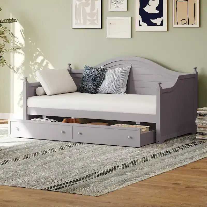 Wooden Daybed with 2 Storage Drawers, Twin Size Storage Platform Bed - Twin Size Extendable Day-bed Pop-up Trundle Bed, Sofa Bed