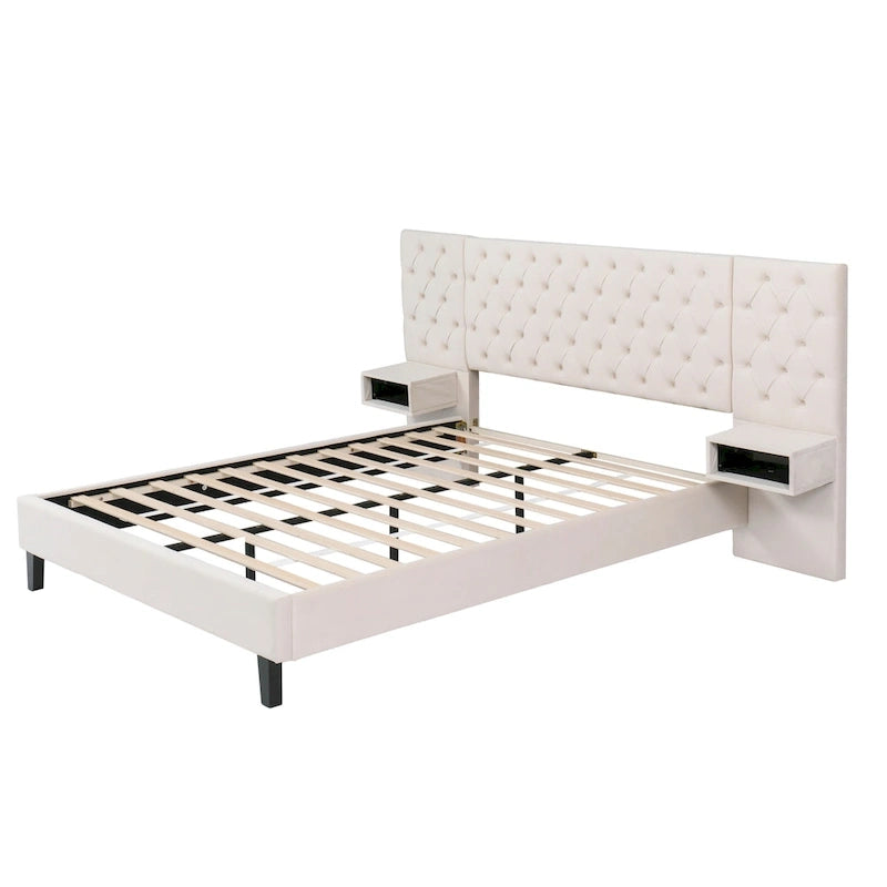 Low-Profile Platform Bed, Modern Velvet Upholstered Bed, Diamond Tufted Headboard Wingback Bed with 2 Nightstands Storage Bed