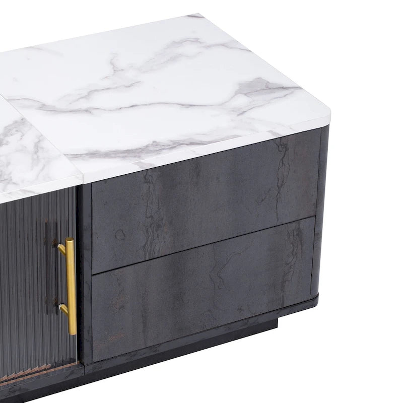 Glass Doors TV Stand for 70 TV, Media Console with 4 Drawers Floor Wood TV Media Center Table with Large Storage Cabinet