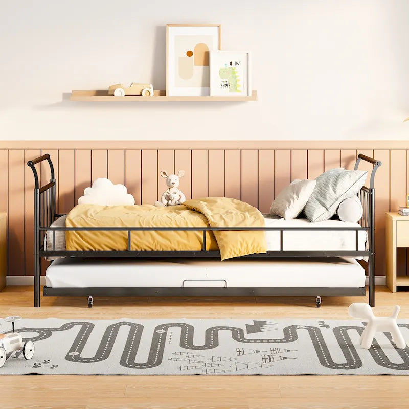 Metal Daybed Sofabed Frame with Curved Handles & Pull-out Trundle Bed for Kids Girls Boys