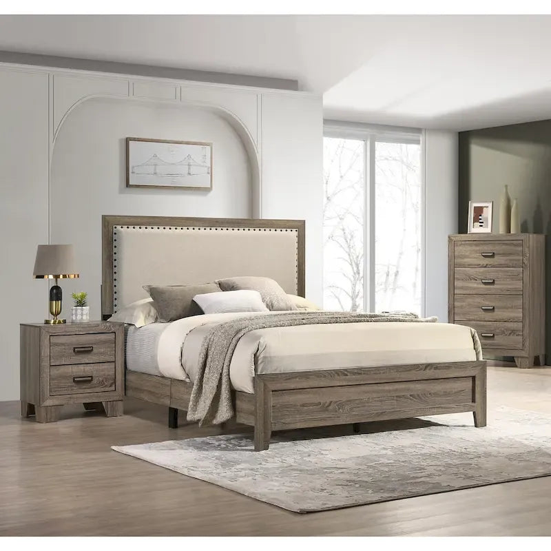Grey Finish Fabric Upholstered Headboard Tufted Nailhead Trim 1pc Queen Size Panel Bed Beautiful Wooden Bedroom Furniture