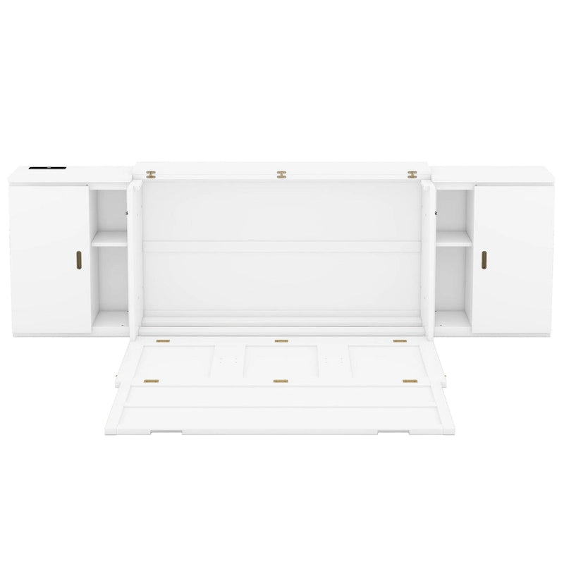 White Queen Size Murphy Bed with Shelves, Cabinets, USB Ports