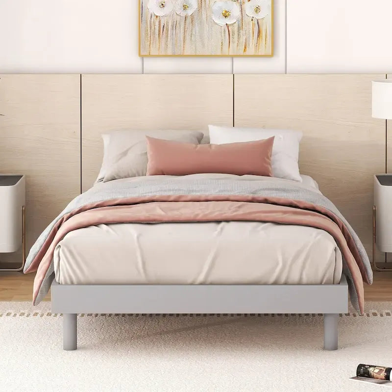 Grey Particle Board Twin Floating Platform Bed Frame with Rubberwood Legs