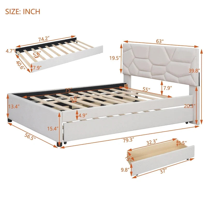 Beige Full Size Linen Platform Bed with Brick Pattern Headboard, Trundle, and Storage Drawers