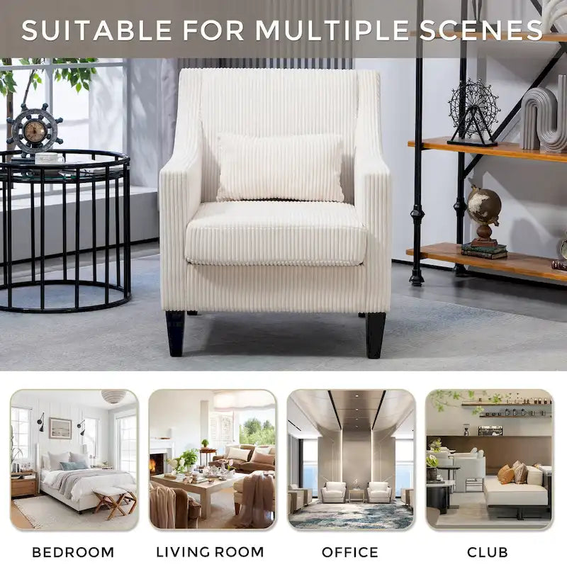 Beige Modern 26.77 Upholstered Arm Chair with Scooped Arms and Rubber Wood Legs for Living Room
