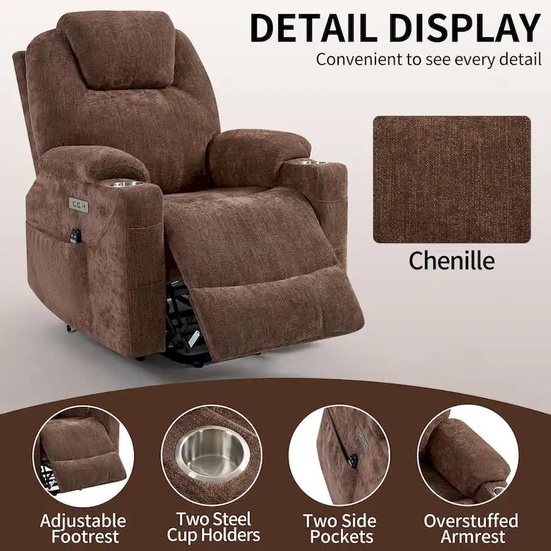 Blue Lift Recliner with 8-Point Massage, Lumbar Heating, Dual USB Ports, and Stainless Steel Cup Holders