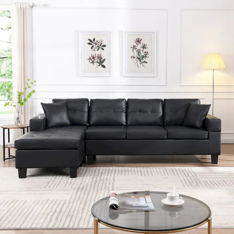 Black 96.06 Contemporary L-Shaped 4-Seater Sectional Sofa with Chaise Lounge, Cup Holders, and Throw Pillows Included