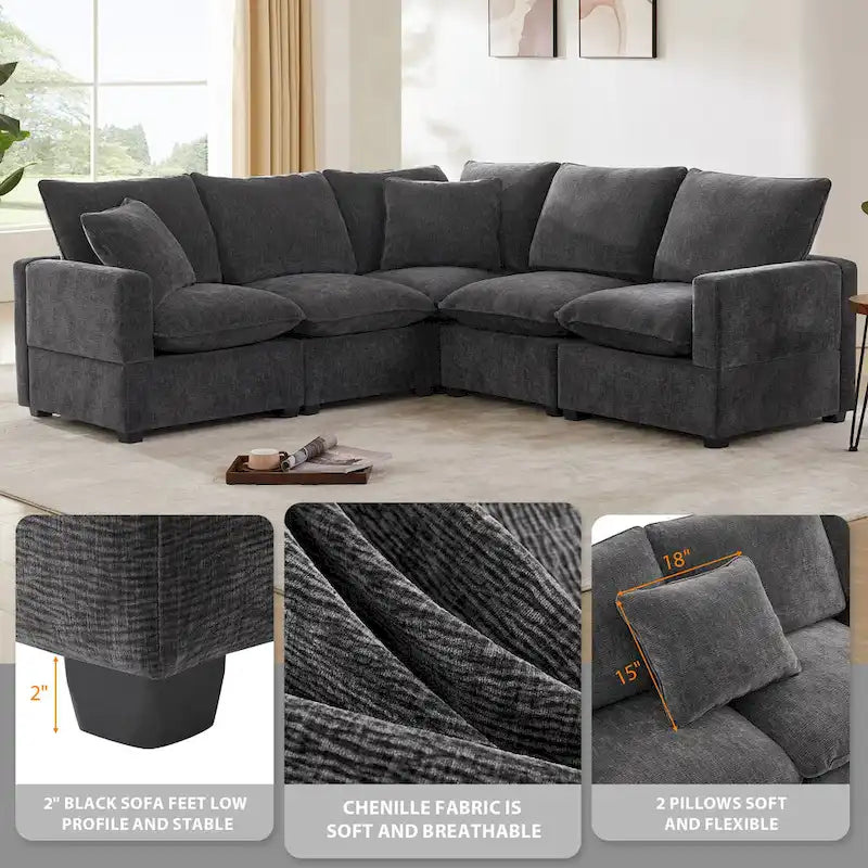 Black 84 Modular Chenille 5-Seat Corner Sectional Sofa Set with 2 Pillows, Ideal for Living Room or Apartment Use