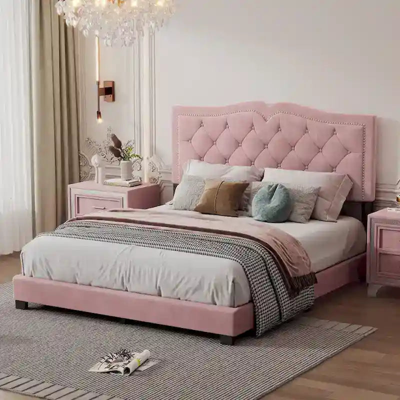 Queen Size Modern Velvet Upholstered Platform Bed with Tufted Headboard