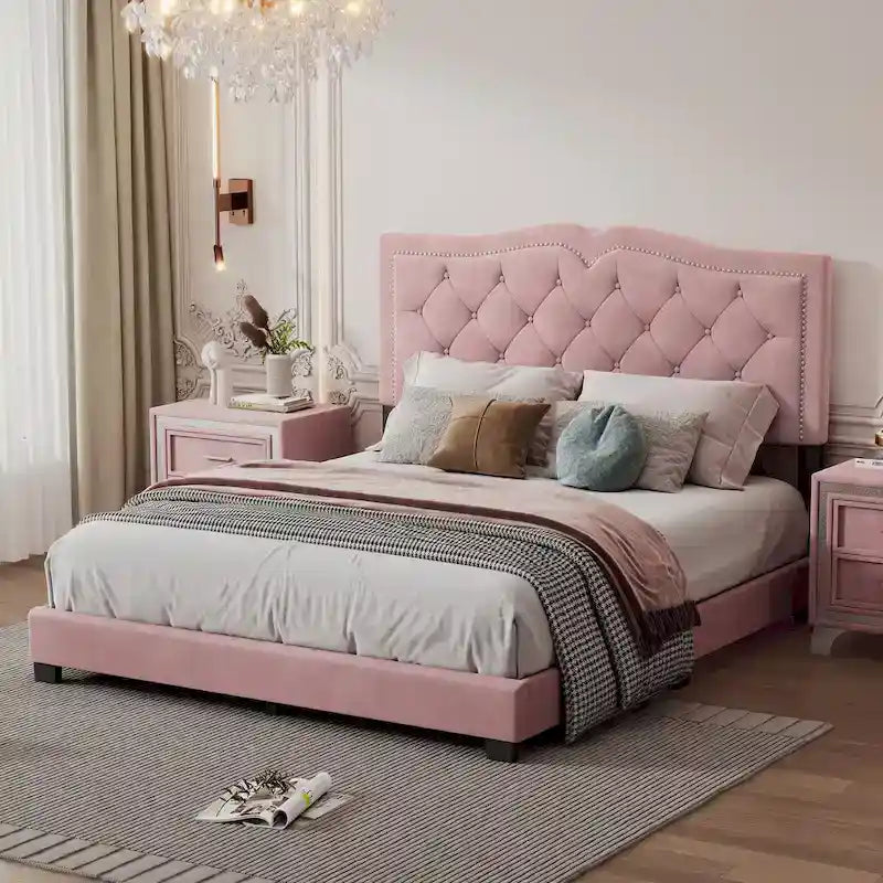Queen Size Modern Velvet Upholstered Platform Bed with Tufted Headboard