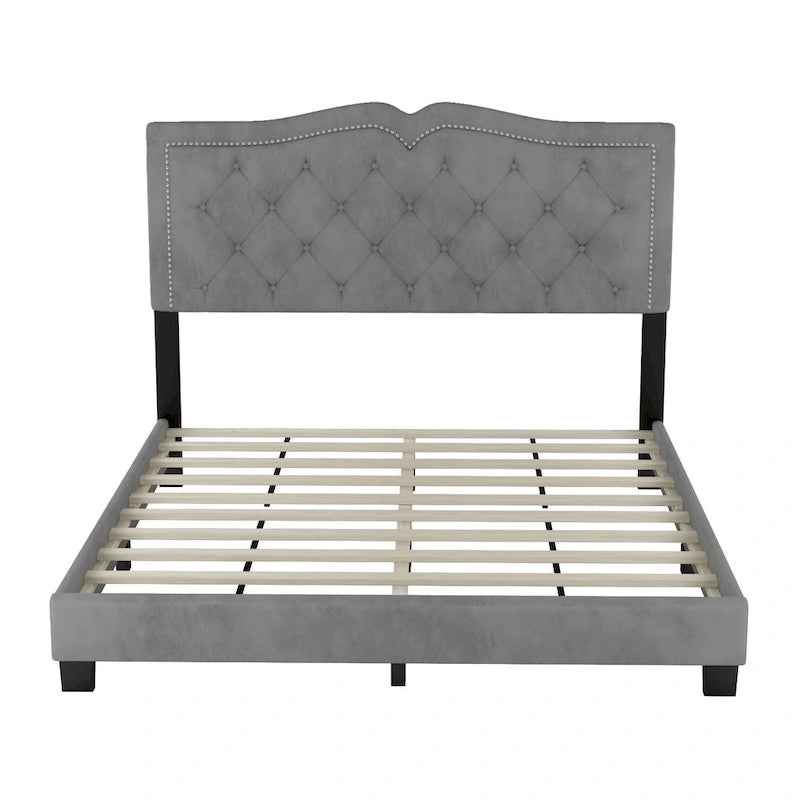 Queen Size Modern Velvet Upholstered Platform Bed with Tufted Headboard