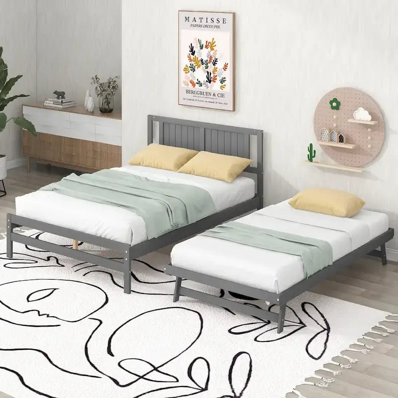 Modern Full Size Pine Wood Platform Bed with Adjustable Trundle